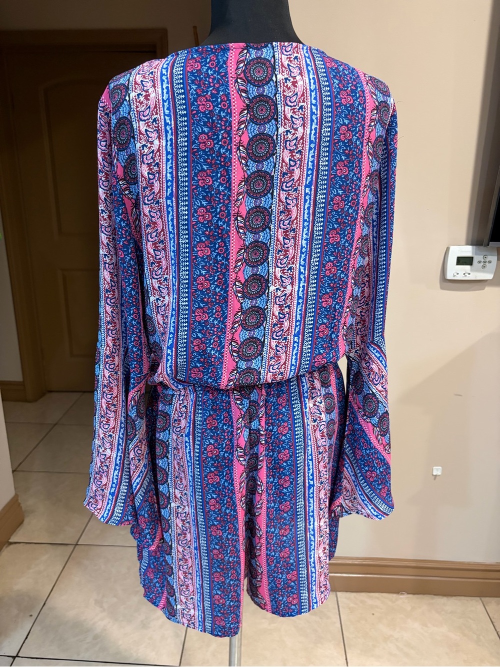 CeCe Pink & Blue Mixed-Print Wrap Long Sleeve jumpsuit. - Picture 5 of 6